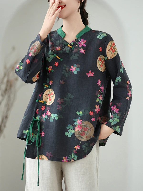 

Новый женский свободный длинный комплект из хлопка и льна с принтом в стиле ретро, традиционный осенний комплект одежды на пуговицах сбоку