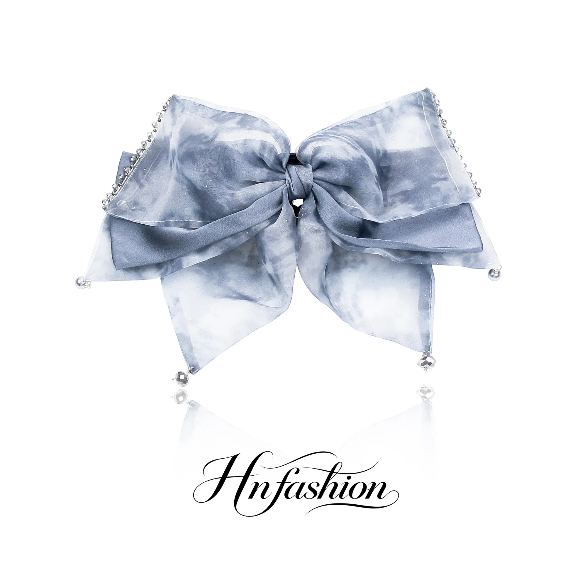 Chinese Style Hanfu Inspired Ink Wash Sheer Chiffon Beaded Elegant Large Bow Spring Hair Clip For Half Up Hairstyle Daily Wear