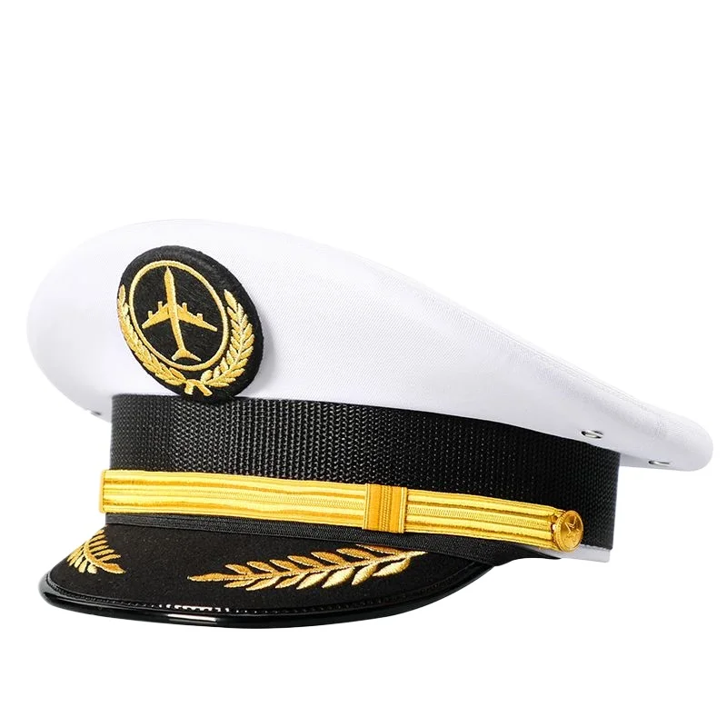 Aviation Pilot Hat Stage Performance Airlines or Railway Captain Hat for Men or Women Black White 2 Colors