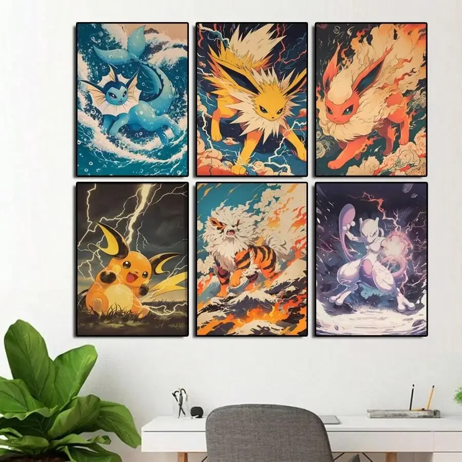 Anime Pokemon Raichu Mewtwo Flareon Jolteon Posters Wall Art Prints Living Room Decor  Painting Home Kids Gift Unframed