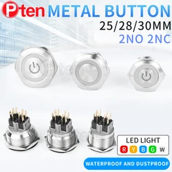 2NO2NC 25/28/30mm Waterproof Metal Push Button Switch LED Light Momentary Car Engine Power Switch 3/6/12/24/220V silver 1NO1NC