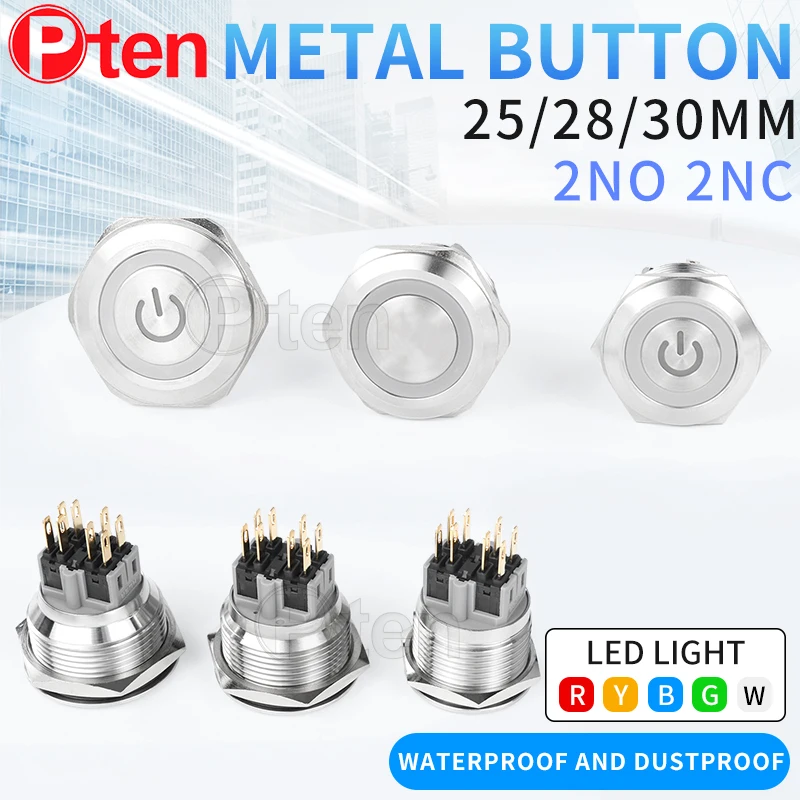 2NO2NC 25/28/30mm Waterproof Metal Push Button Switch LED Light Momentary Car Engine Power Switch 3/6/12/24/220V silver 1NO1NC