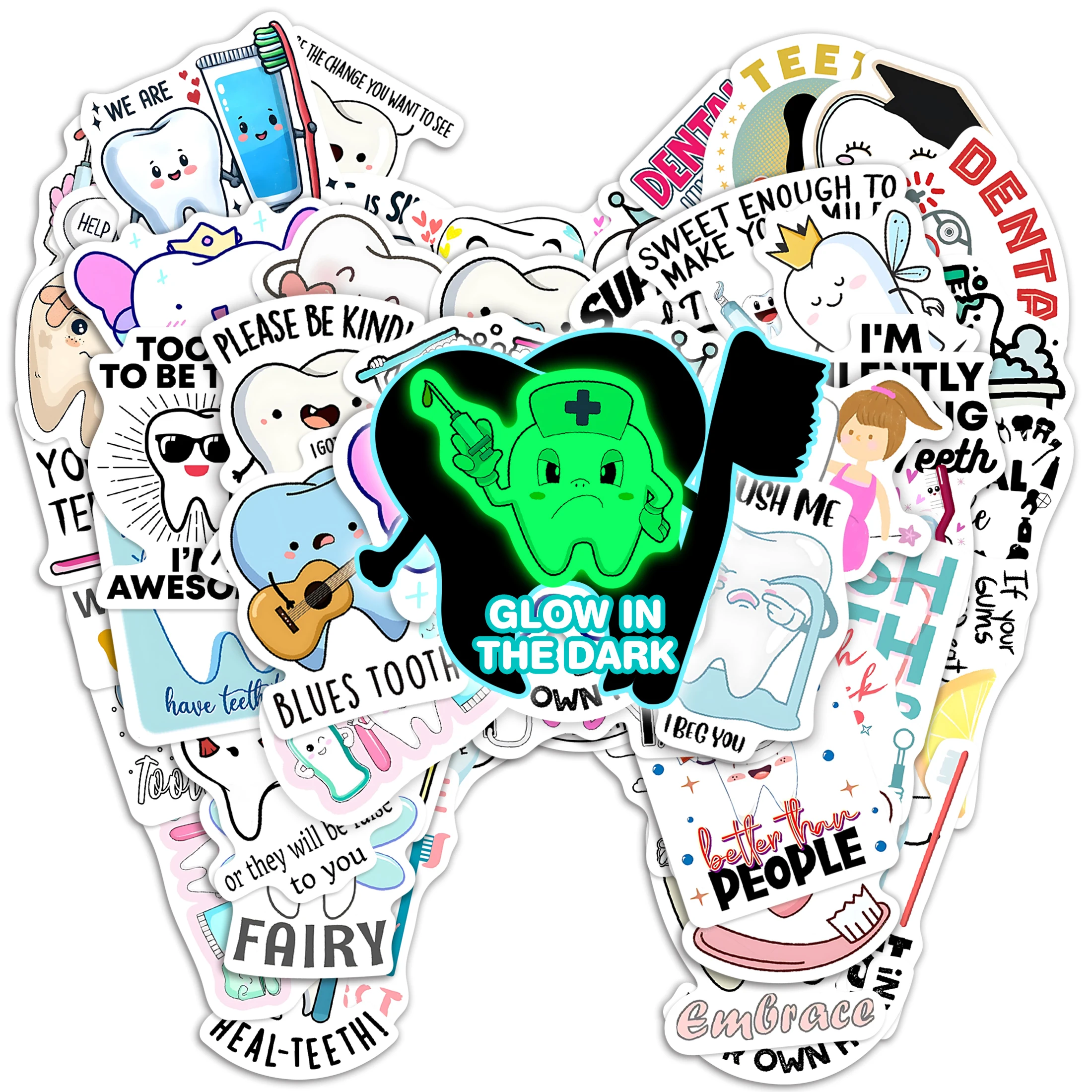 어둠 속에서 51 Pcs 광선 치과 건강 테마 스티커 치아 요정 방수 비닐 칫솔 물병 어린이를위한 노트북 데칼