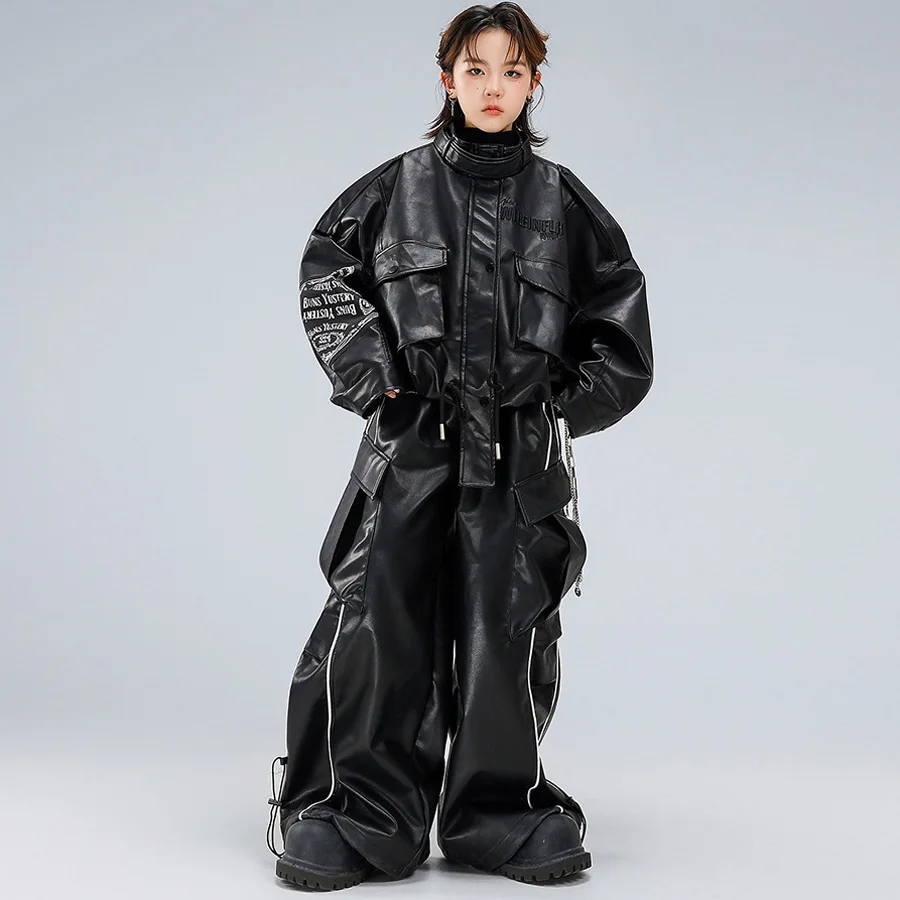 

Children Boy Girl Streetwear Loose Leather Cargo Jacket Pant Sets Kids Coat Trousers Fashion Show Performance Clothes Costumes