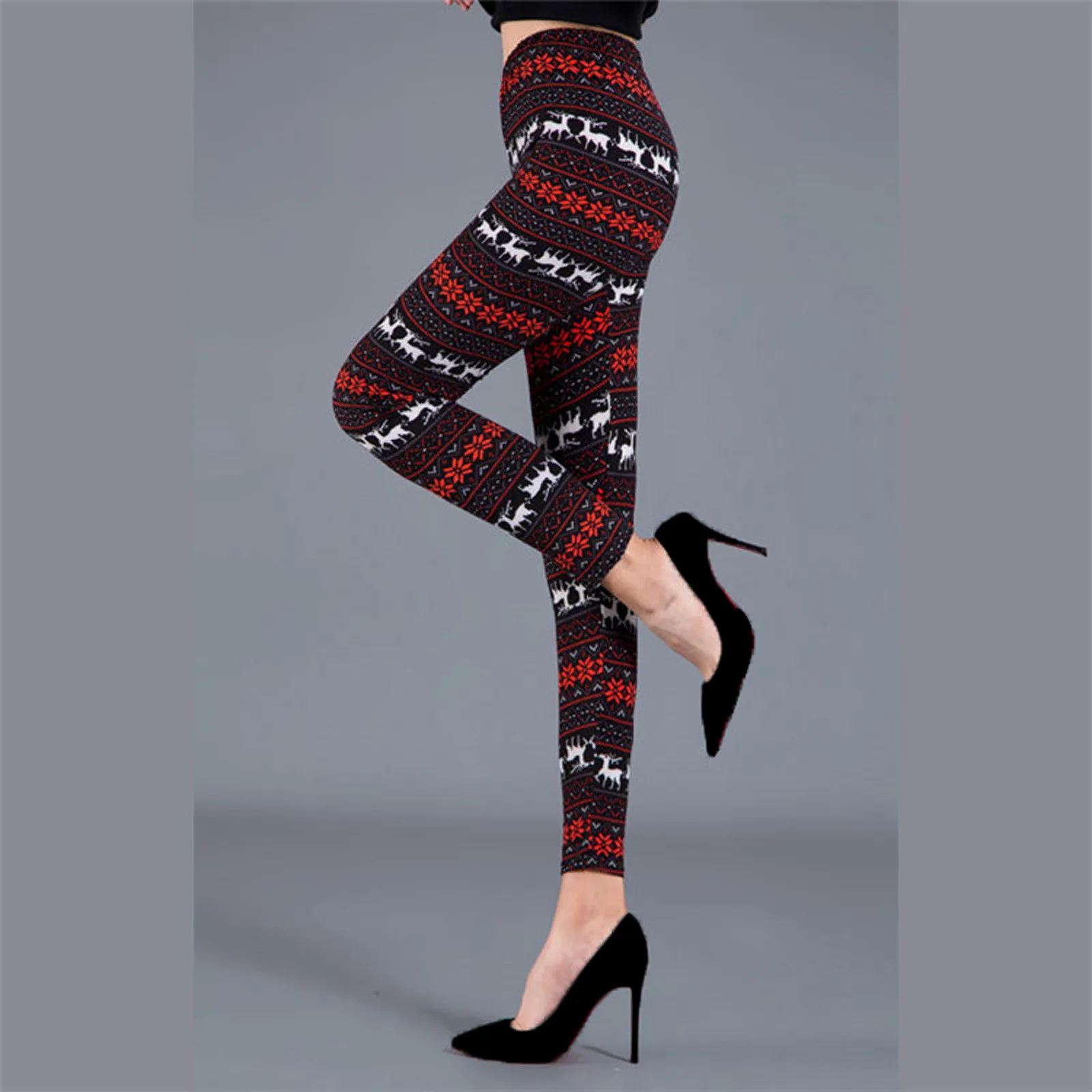 

Snowflake Elk Print Slim Christmas Leggings Women Reindeer Snowman Stretchy Long Pants Happy Xmas High Waist Tights Trouser