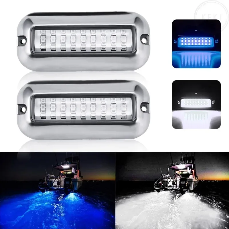 

2Pcs Universal 12V 27 LED Marine Stainless Steel Underwater Pontoon Boat Tail Lamp White/Blue Waterproof Boat Transom Light