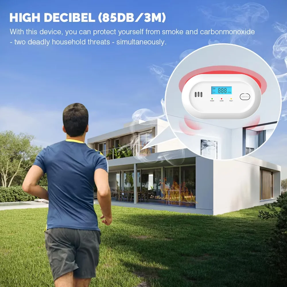 مستشعر إنذار ثاني أكسيد الكربون المستقل كاشف إنذار أول أكسيد الكربون 85dB تحذير عالي الحساسية شاشة LCD كهروضوئية للفندق المنزلي
