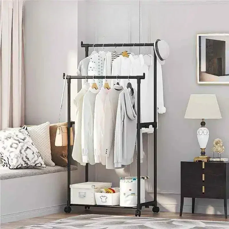 Movable Coat Rack Double Simple Rod Clothes Rack Floor-Standing Bedroom Telescopic Clothes Shelf Mobile Clothing Stand