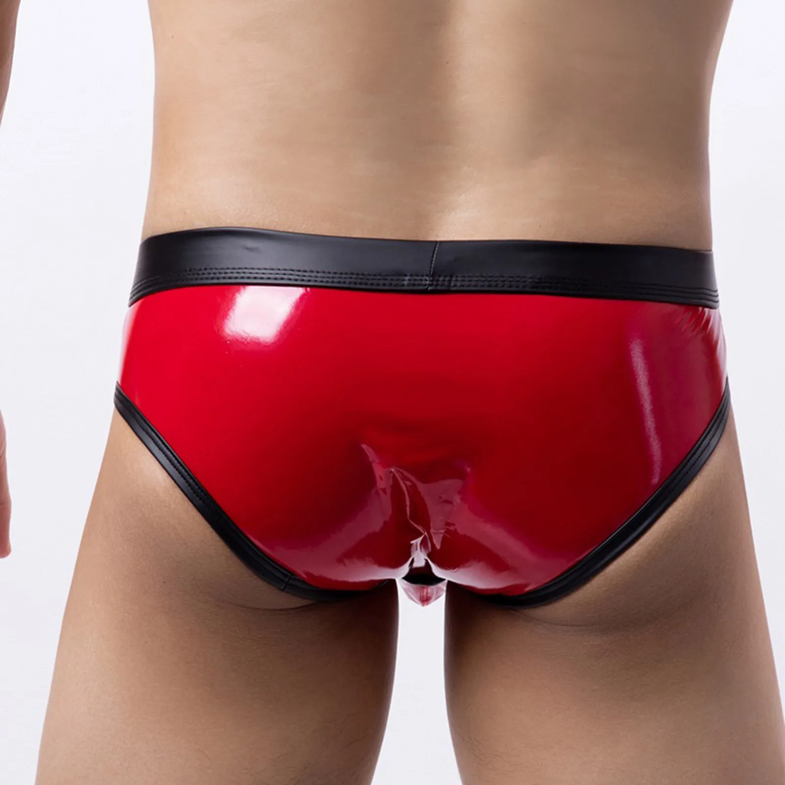 Mens Low Rise Jockstraps Patent Leather Underpants Glossy Underwear Shiny Cutout Crotch Contour Bulge Pouch Briefs Panties