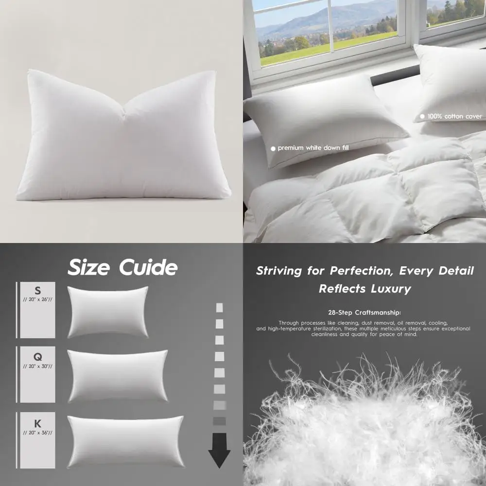 

Ultra Soft Down Pillow - Standard Size, 100% Cotton 500 Thread Count Shell, Hypoallergenic Sleep Pillow