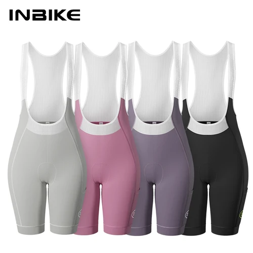 INBIKE 2025 Pantalones cortos con pechera de ciclismo para mujer con bolsillos laterales, monos para mujer, pantalones cortos para verano, pantalones con pechera para bicicleta de carretera, ropa para ciclismo