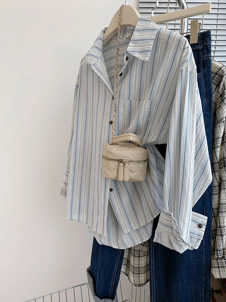 

Striped Long Sleeve Shirt Spring Autumn Design Sense Niche Blouses Shirt Women Turn-down Collar Loose Casual Tops