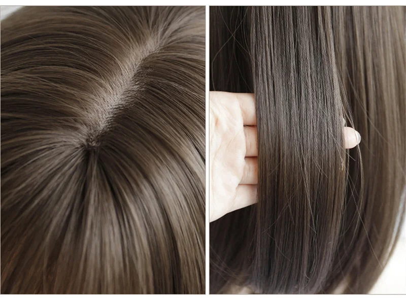 韓国スタイルのヘアエクステンション合成ファッション若い女性のかつら通気性ヘッドカバーミディアムレングスストレートウィッグ帽子女性のための