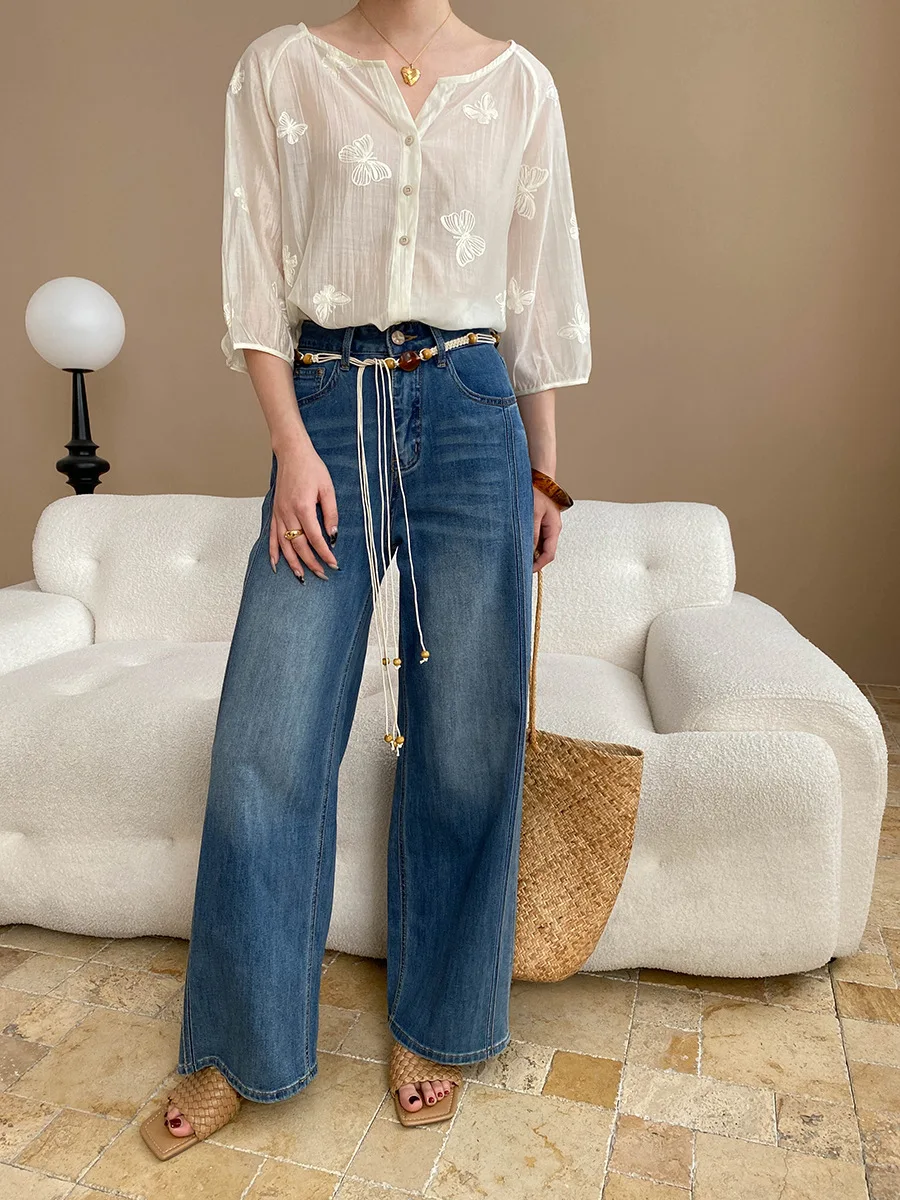 

Spring and summer women's casual solid color high waist loose wide leg jeans