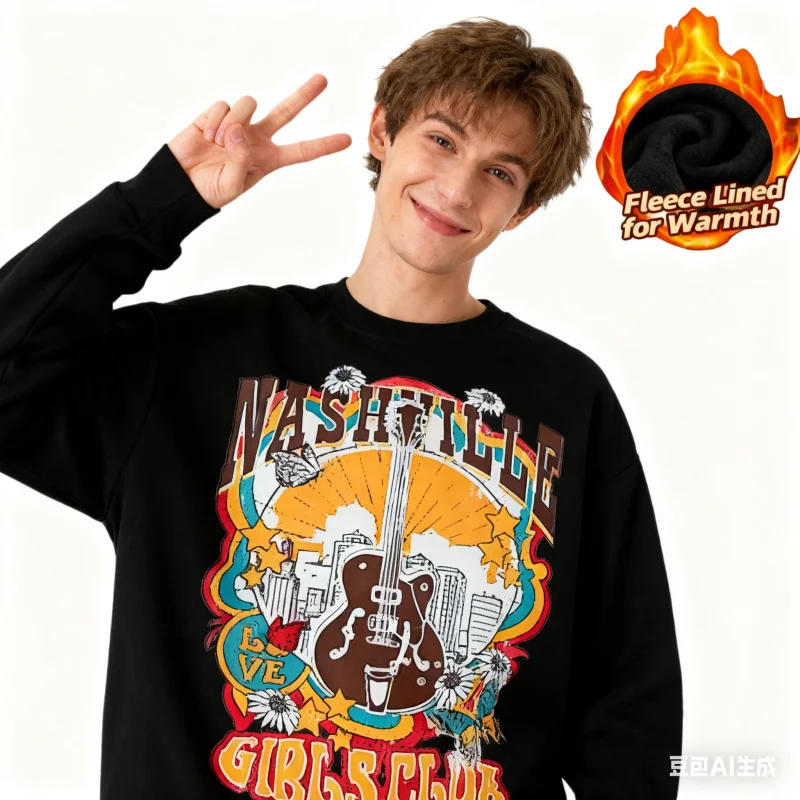 Top a maniche lunghe con scollo tondo serie stampa stile coreano, 100% cotone con fodera in pile per un calore extra, casual e caldo