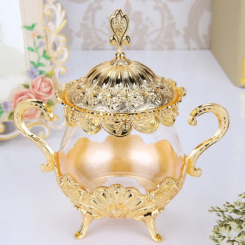 

Golden Glass Storage Jar with Lid Restaurant Desktop Sugar Cube Jar Spice Storage Box Seasoning Container Kitchen Storage Tools