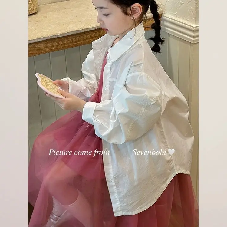 Girls Shirt 2026 New Stylish Fashionable Versatile White Jacket Spring Childrens Turn-down Collar Shirt Base Top Trendy