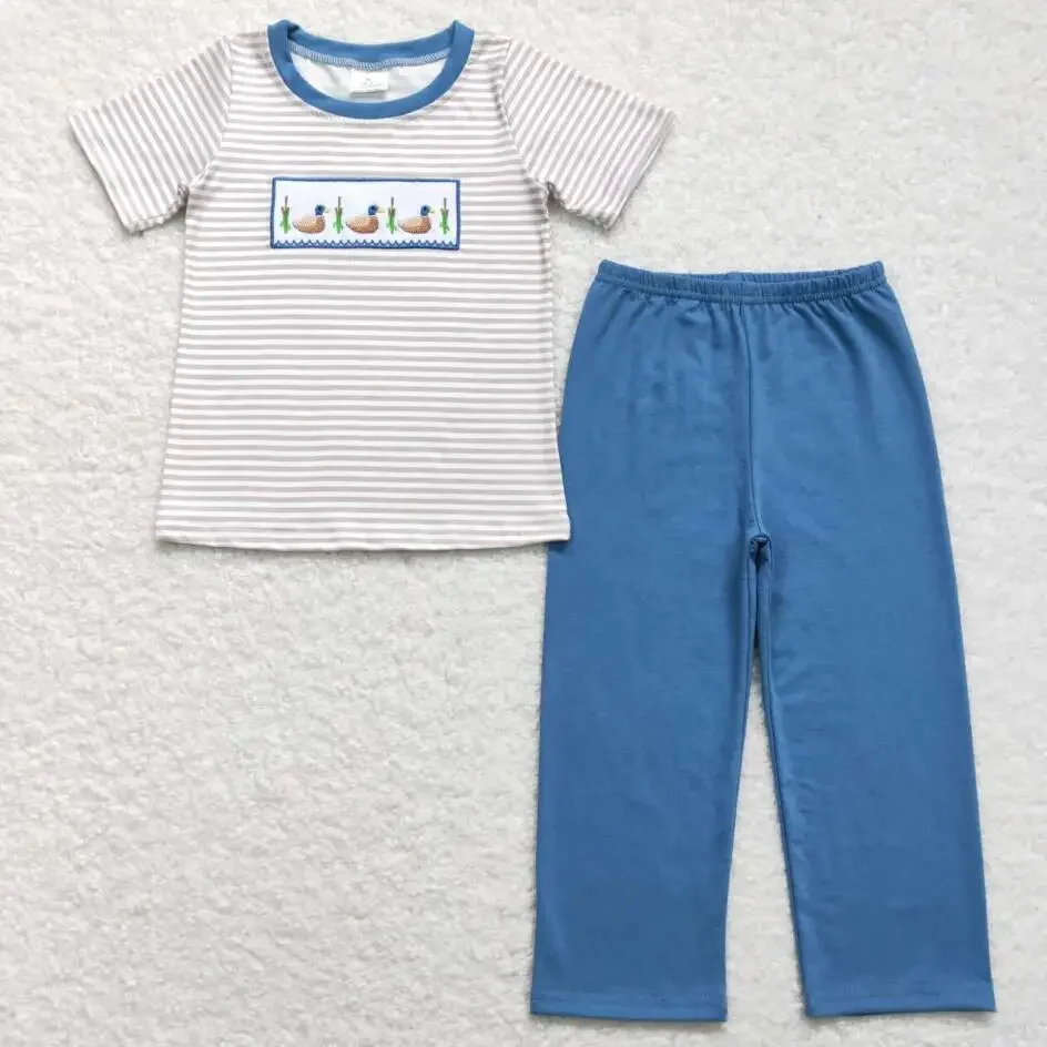 

RTS Baby Boy Duck Wholesale Short Sleeve Blue Tee Shirts Tops Stripes Bell Bottom Pants Children Western Kids Clothing Sets