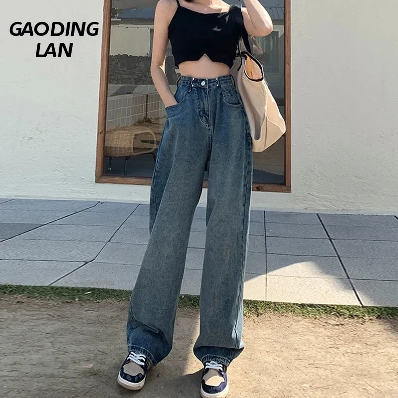 

GAODINGLAN Vintage Blue Denim Long Pants Women High Waist Baggy Straight Jeans Female Y2k Wide Leg Sagging Trousers Large Size