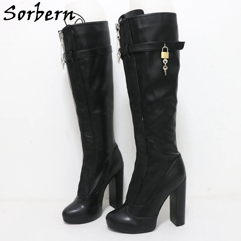 

Sorbern BDSM Lockable Zipper Knee High Boots Unisex Block Heels Platform Fetish Lace Up Straps With Locks Shoes Custom Leg Fit