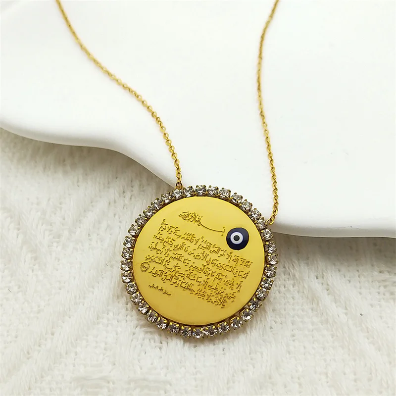 Islamische muslimische arabische Koran türkische böse Augen Anhänger Halskette für Frauen Männer Edelstahl Gold Farbe Allah Strass Schmuck