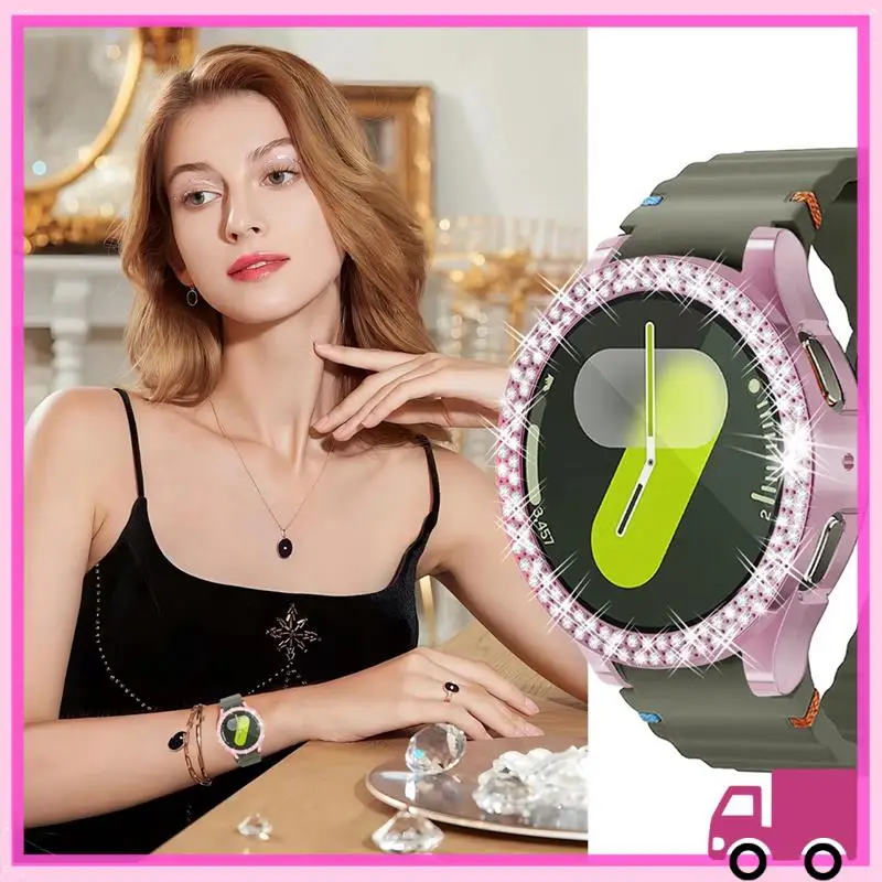 Compact For Samsung Galaxy Watch 7 Case Electroplating Single And Double Row Drill Hard 44Mm Protective Shell Pink