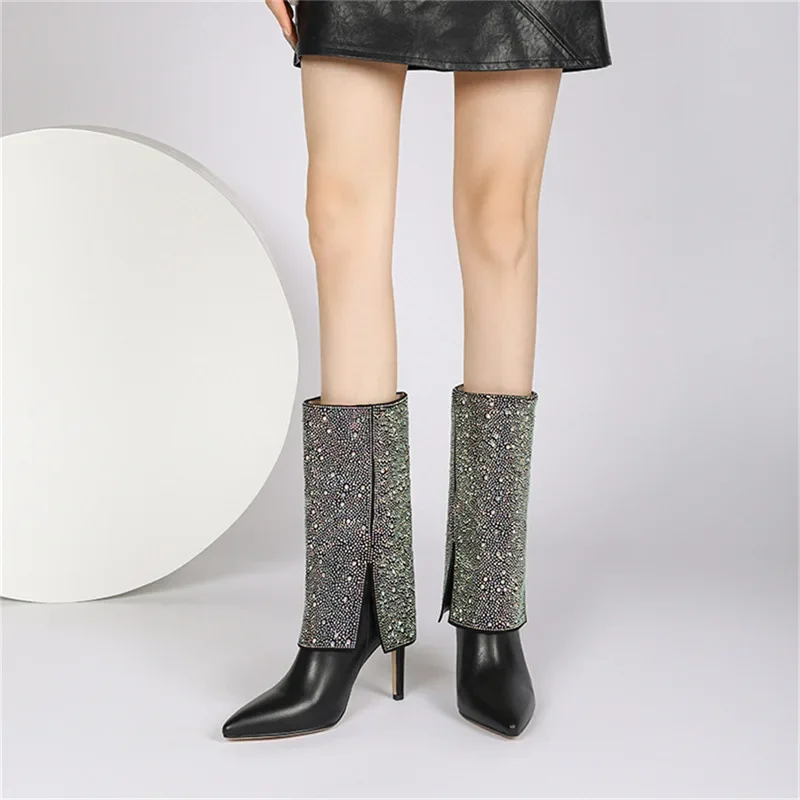 Rhinestones Boots Pointed Toe Thin Heels Black Botas Modern Shoes Fashion Zapatos Mujer Versatile Mid-calf Elegant Luxury New