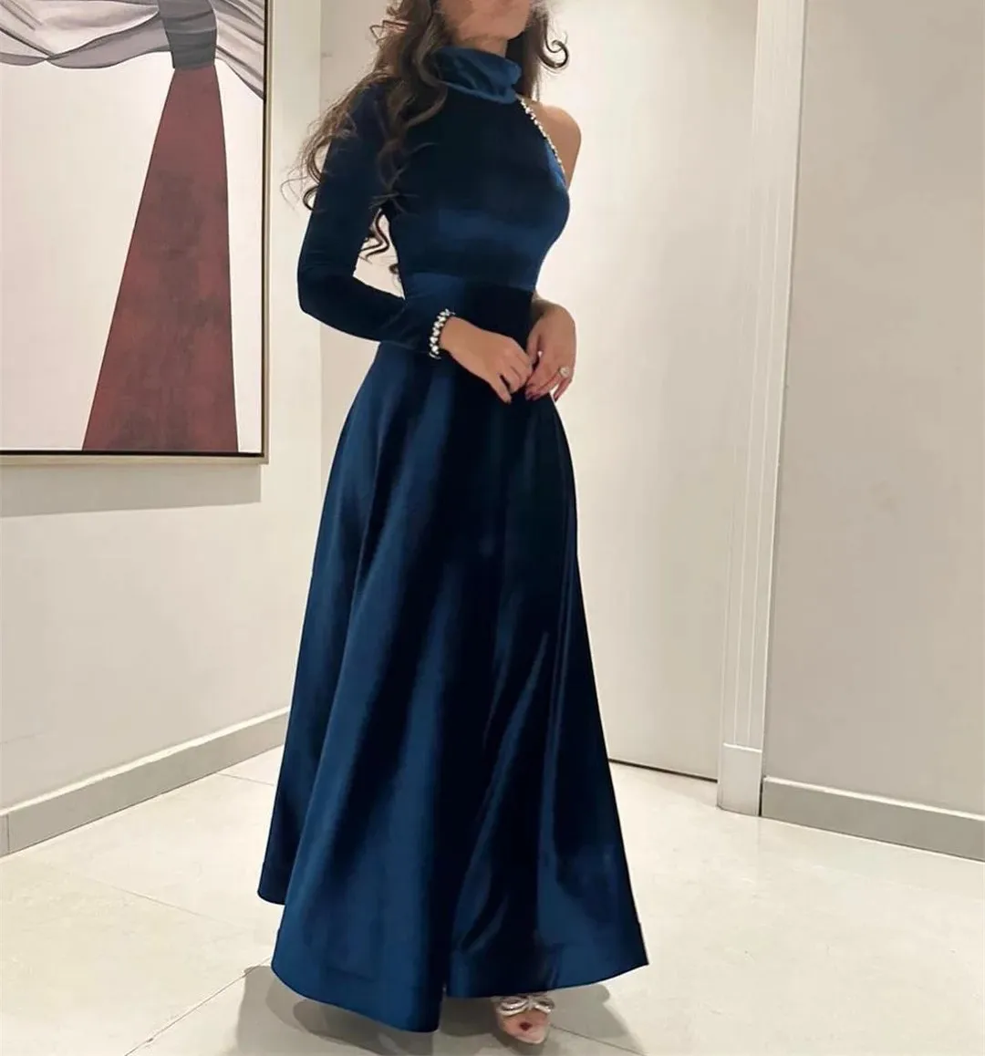 Elegant Navy Blue Prom Party Dress 2026 High Neck One Shoulder Crystal Beads Velvet A-line Evening Birthday Formal Gowns