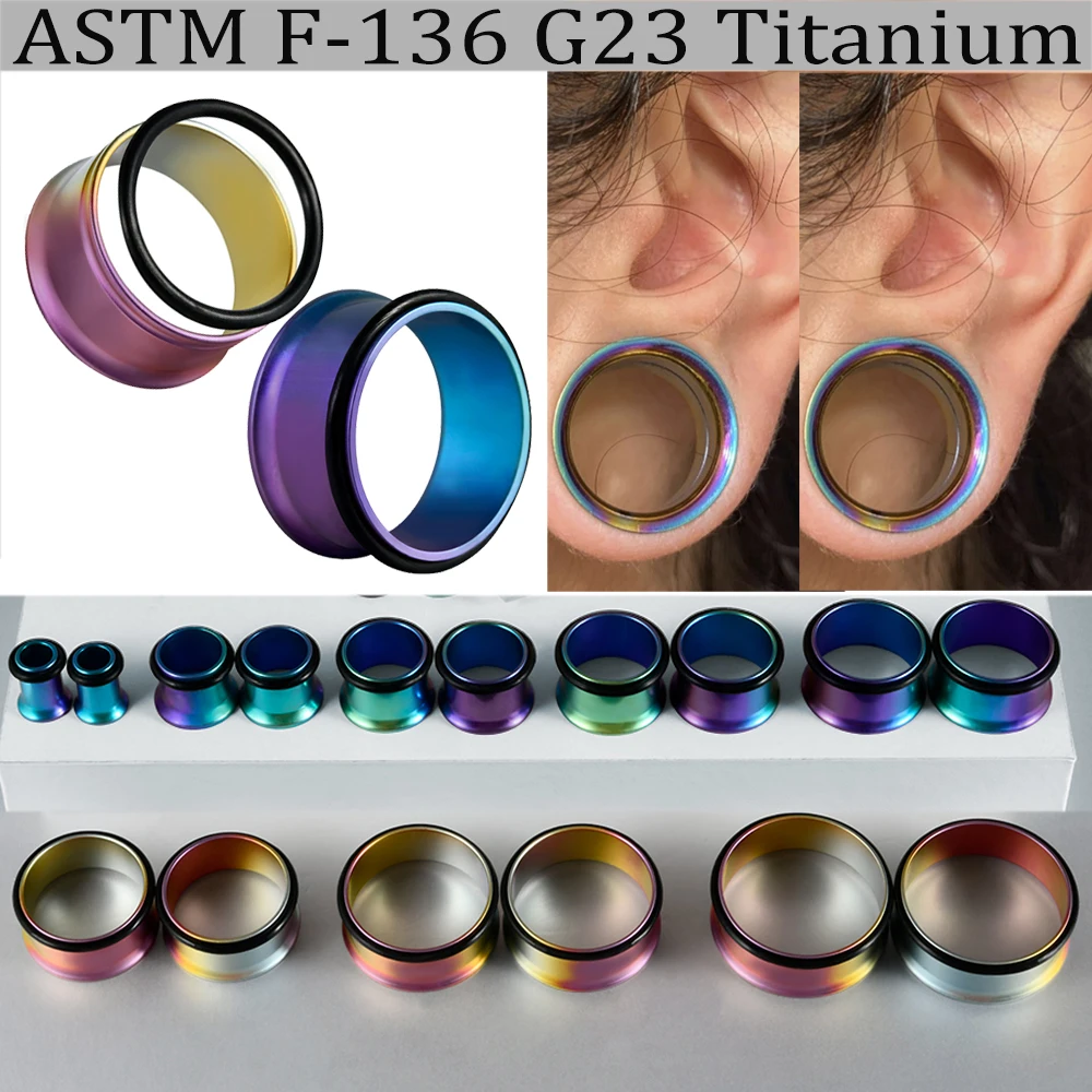 F-136 Implant Titanium Gradient Color Hollow Single Flared Tunnel Ear Plugs Gauges Expander Threadless Strether Piercing Earring