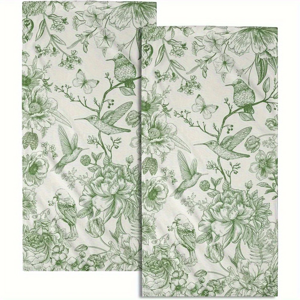 2-Pack green line draft Chinese bird kitchen towel