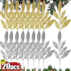 20/1Pcs Artificial Glitter Leaves Christmas Plastic Gold Silver Olive Leaf DIY Xmas Tree Ornaments Fake Plants Home Party Decors