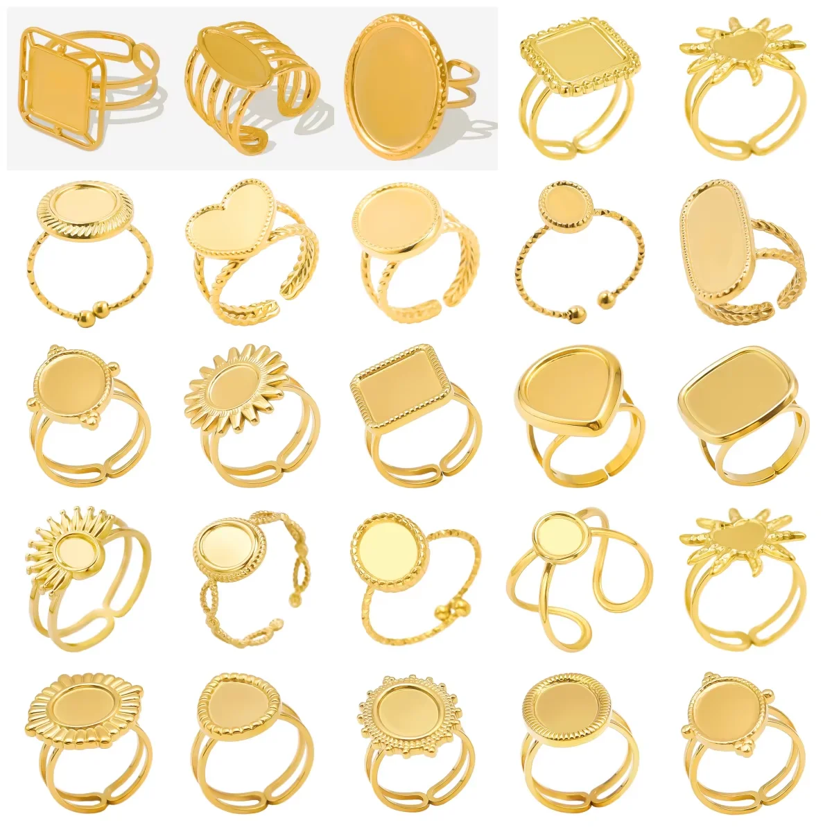 6pcs Fashion Classic Stainless Steel Ring Real Gold Plated Oval/Peach Heart/Sunflower/Square Blank Base Rings Wedding Gift