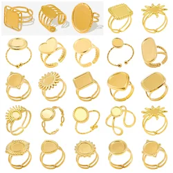 6pcs Fashion Classic Stainless Steel Ring Real Gold Plated Oval/Peach Heart/Sunflower/Square Blank Base Rings Wedding Gift