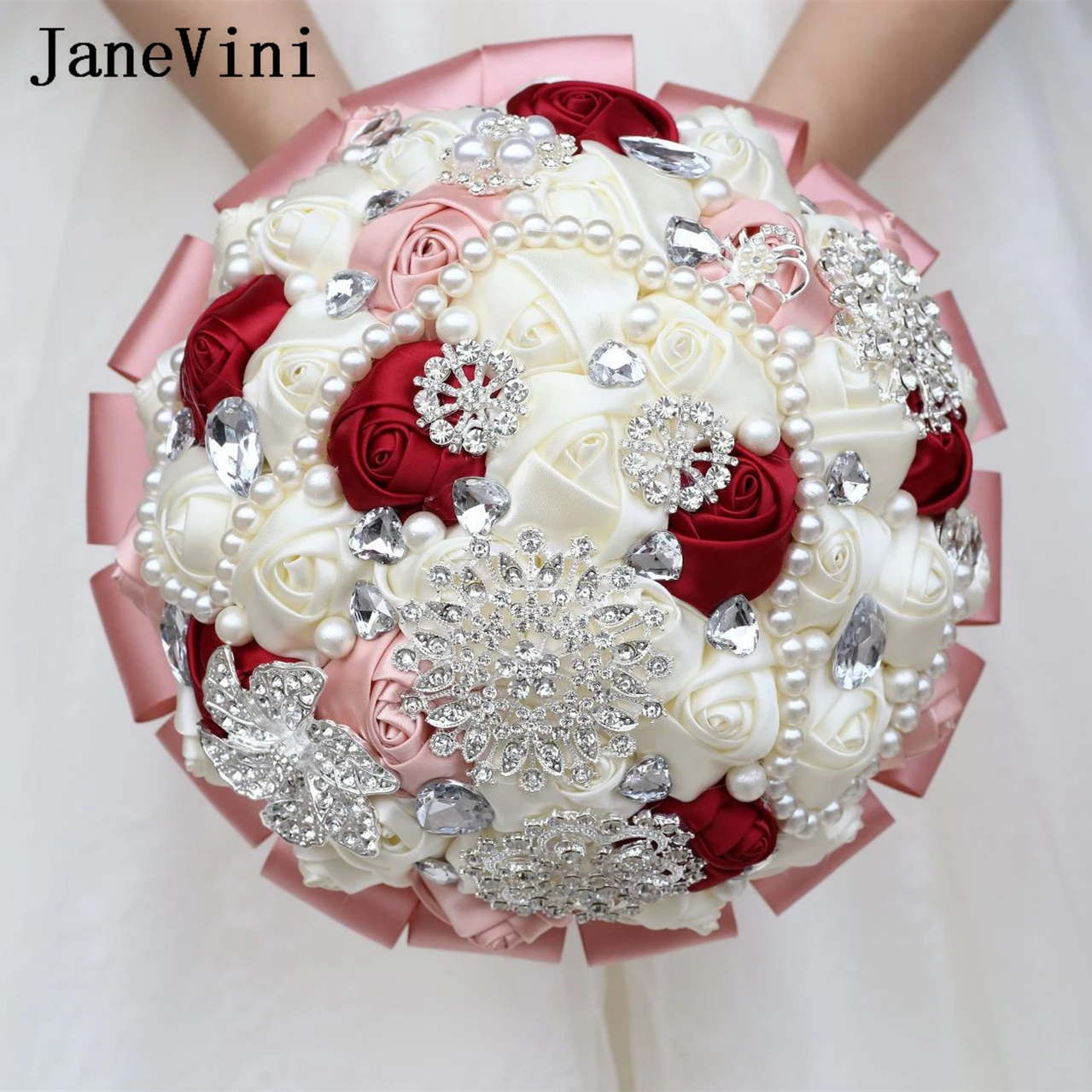 

JaneVini Sparkly Crystal Beaded Weding Graduation Bouquet Pearl Bride Flower Boquet Flowers Wedding Bridal Ribbon Braut Strauß