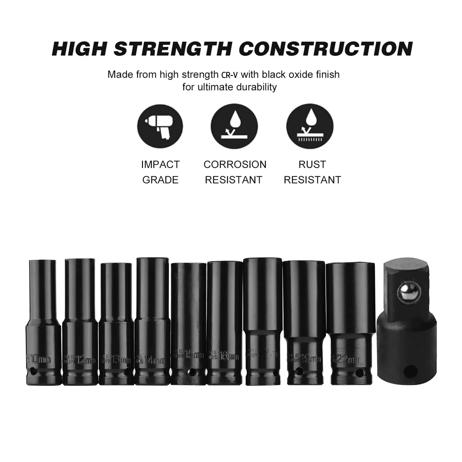 10 Pieces Air Pneumatic Wrench Socket Kit 1/2" Metric Deep Impact Socket Set Universal Drive Sleeve for Automotive Mechanical