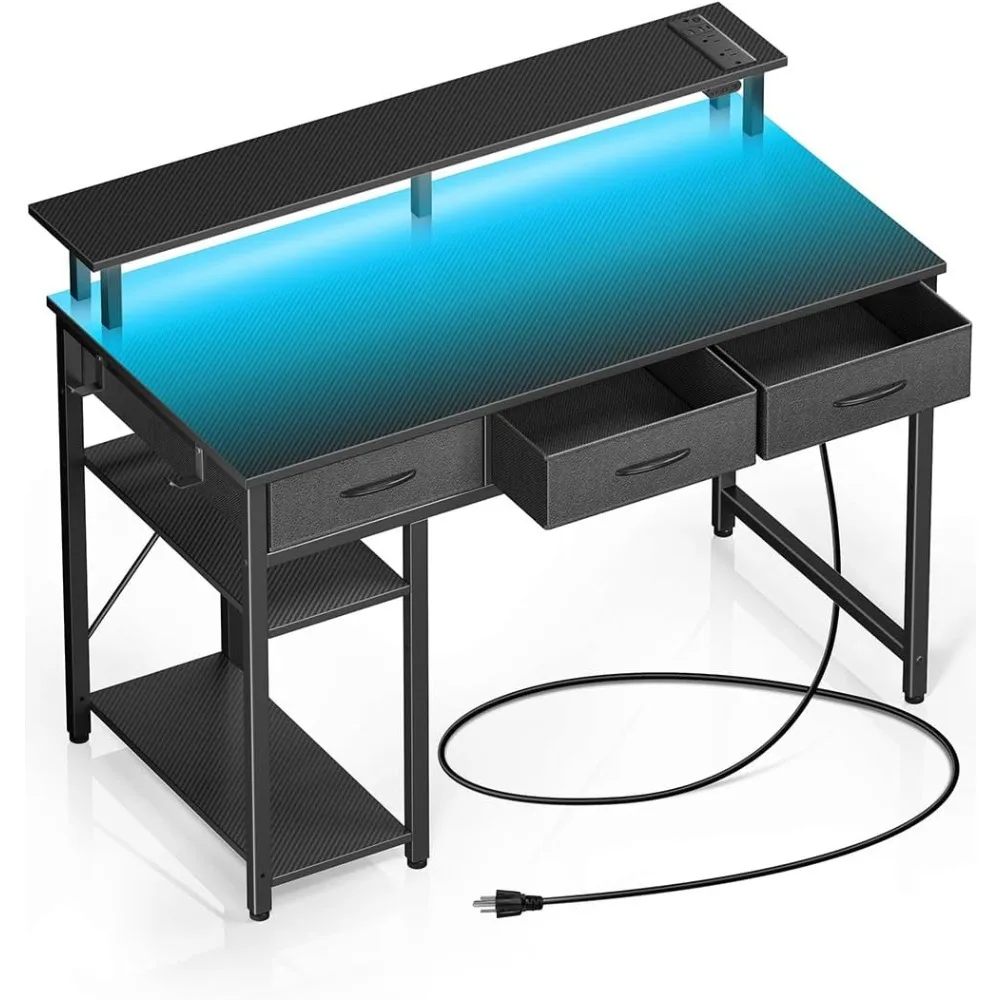 Computer Desk with Power Outlets & LED Light, 39 inch Home Office Desk with 3 Drawers and Storage Shelves, Writing Desk