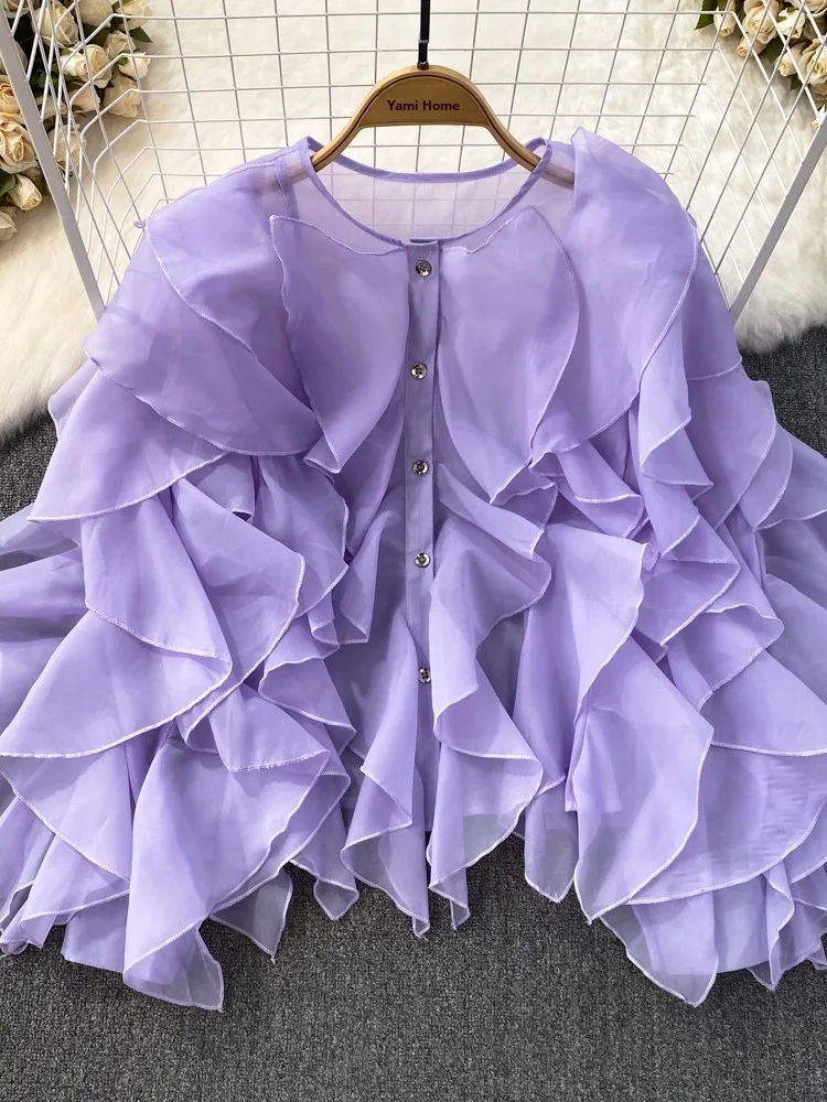 

Casual Loose Long Sve round Ne irt Women's Spring Autumn Design Sense Single Button Irregular Hemline Bubble Sve Top