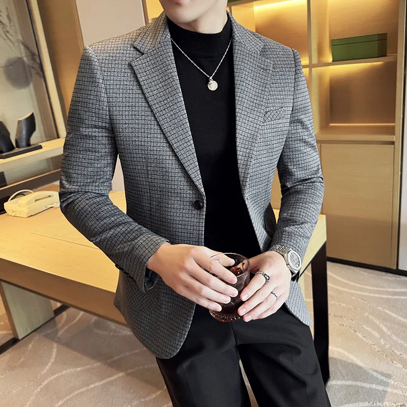 

Fashion Men Plaid Blazer Jackets Fit Slim Luxury Man Suit Coat Korean Style Small Check Casual Overcoat Male