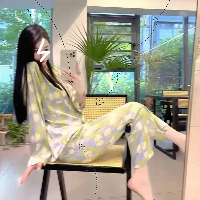 Ice Silk Sleepwear Women Pajama Sets Long Sleeve Pants Loungewear Sets Luxury Brand Clothes Korean Chic Spring Autumn Pajamas