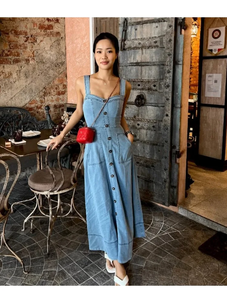 Women Sexy Denim Dress Women 2024 New Spring Summer Single Mini Dresses Jean Dress New Retro Casual All-match Denim Slip Dresses