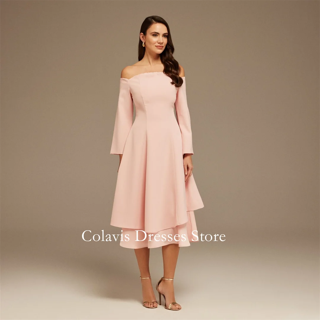 

2025 Customized Pink Off-Shoulder Midi Crepe Dress Plus Size Prom Dresses Evening Dress Women Evening Gowns Formal Party Dress