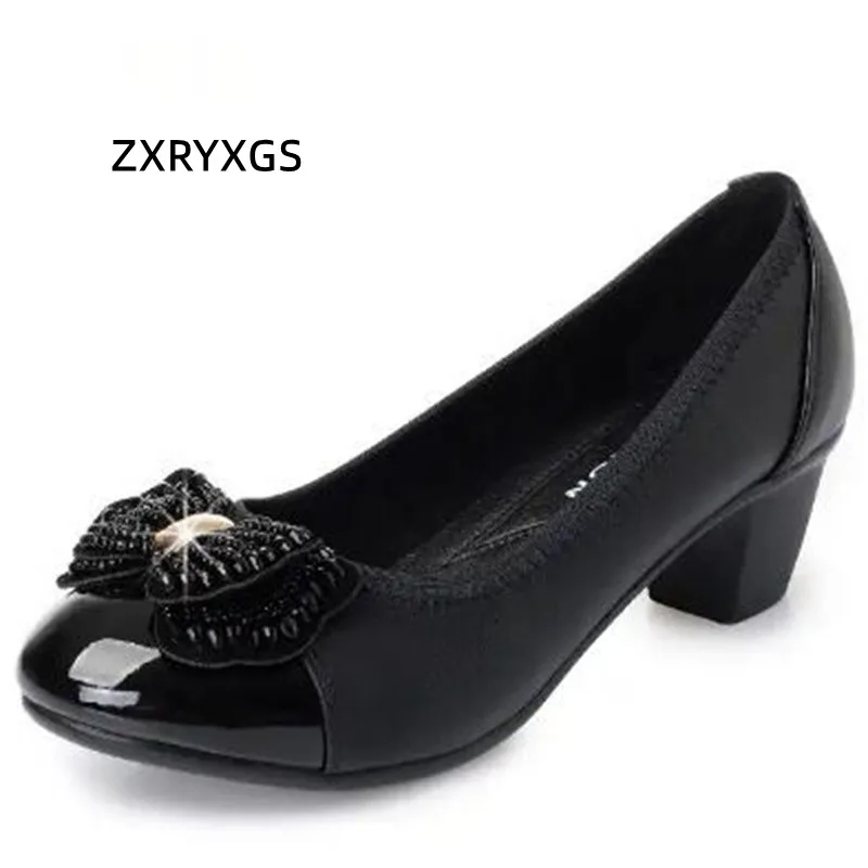 Noble Elegant Women Fashion Shoes High Heels 2024 New Spring Large Size Rhinestone Bow Wild Genuine Leather Shoes Women Shoes