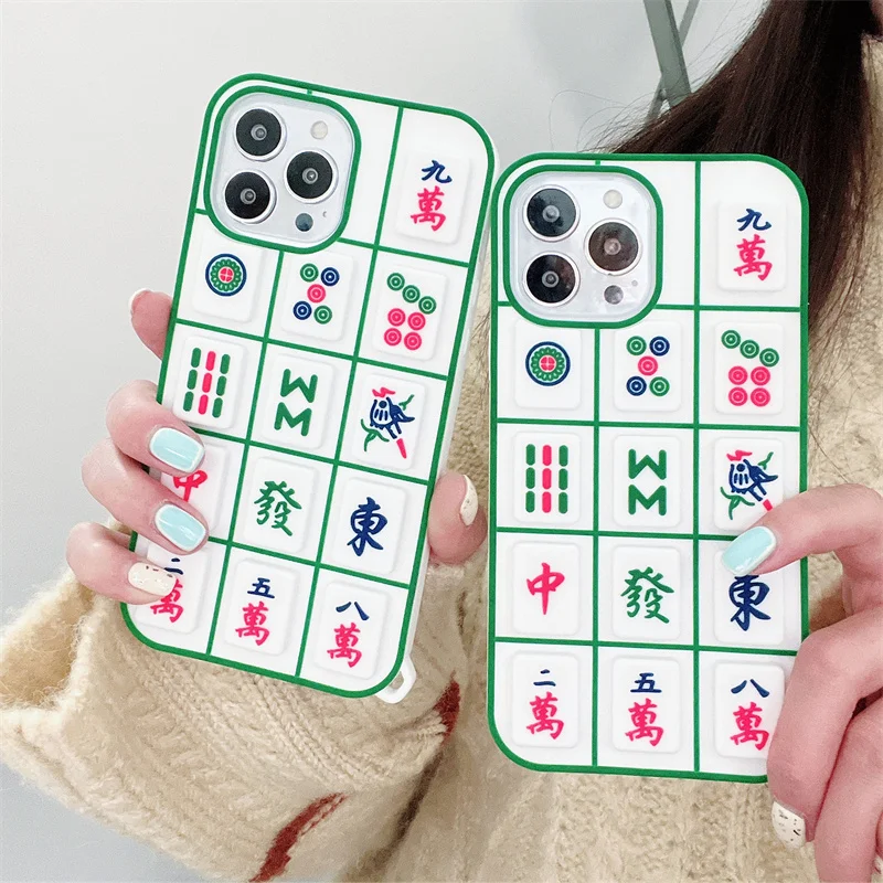 3D Cartoon Mahjong Case for iPhone 15 Pro Max 14 13 12 11 XR XS X 8 7 Plus Stress Relieve Soft Silicone Rubber Cover