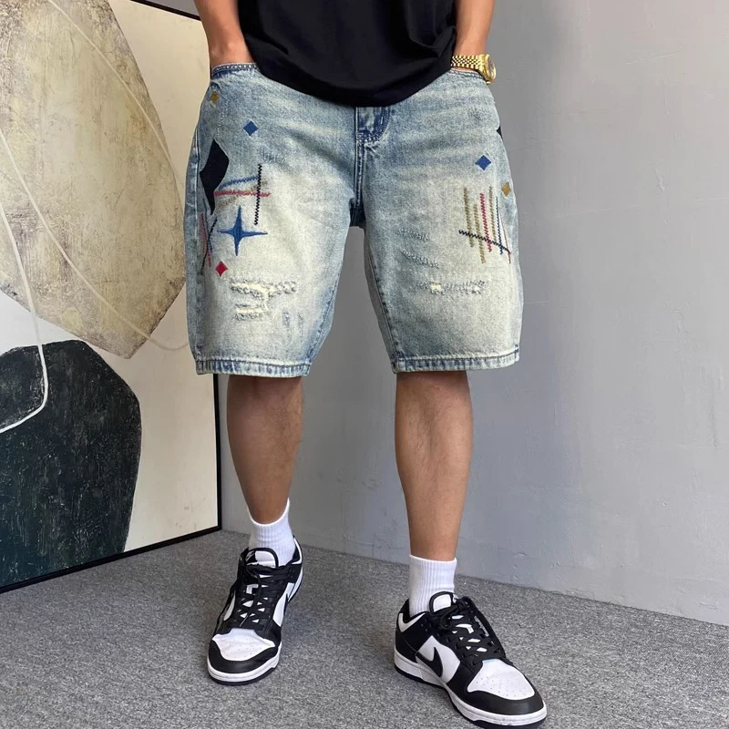 

Summer Men Trend Lightweight Vintage Denim Short Pants Korean Baggy Straight Leg Embroidered Jeans Male Daily Commute Slacks