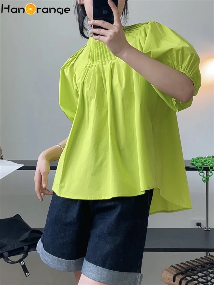 HanOrange 2024 Summer Palace Style Puff Sleeve Blouse Women Pleated O-neck Loose Silhouette Top Female White/Lime Green