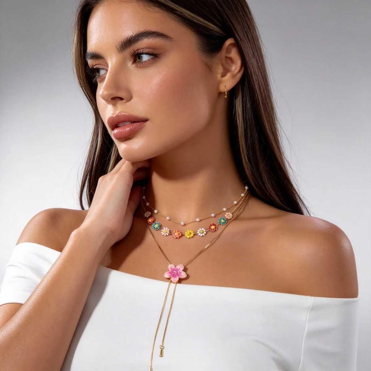 Süße, bunte Emaille-Halskette mit winzigen Gänseblümchen, Schlangenkette, Y-förmiger Quaste und simulierten Perlen für Damen, florales Choker-Schmuckstück – Detail 14