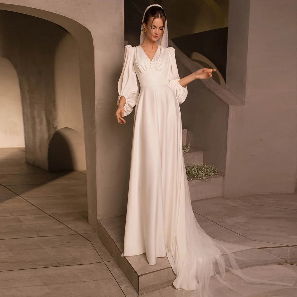 Long Sleeve V Neck Perfect Elegant Wedding Dress For Woman Sweep Train A Line Civil Bridal Gown White Свадебное платье 2026