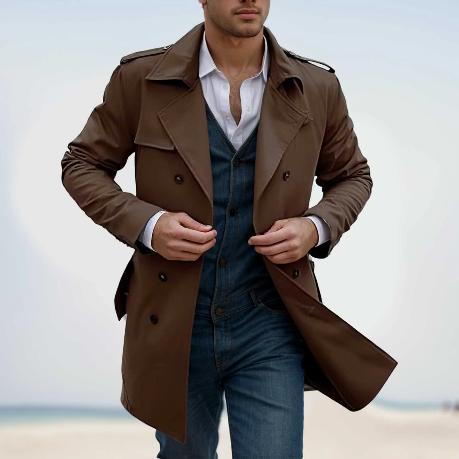 

Fashion Classical Men's Woolen Jackets Autumn Winter New Lapel Double Button Windbreaker Trench Coat Belt Cold Mid-Long Overcoat