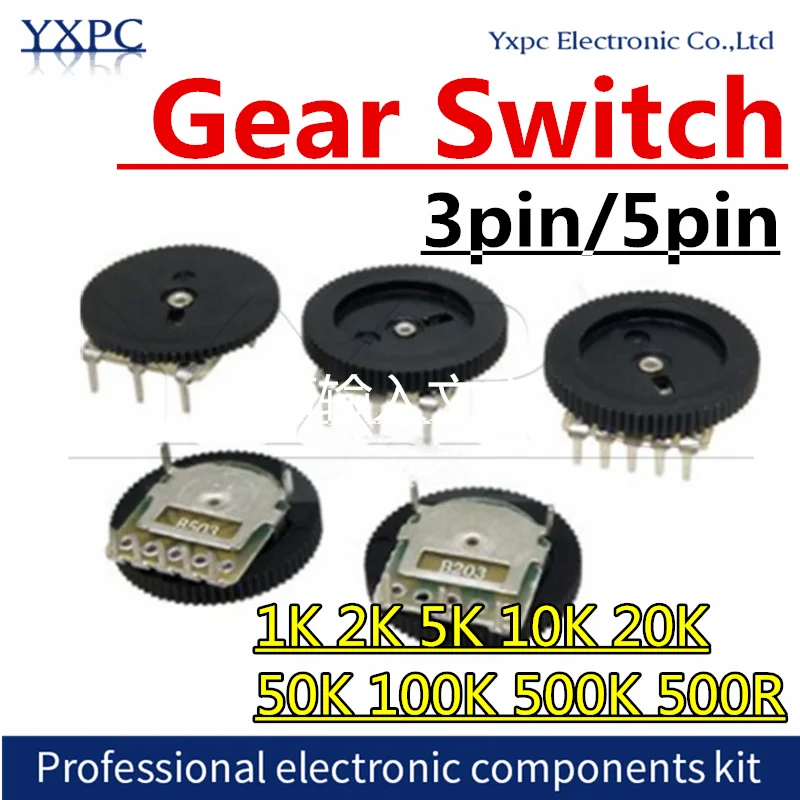 Potenciômetro da roda, interruptor de engrenagem para o rádio, 1K, 2K, 5K, 10K, 20K, 50K, 100K, 500K, 500R, B103, B104, b503, B502, 3Pin, 5Pin, 10