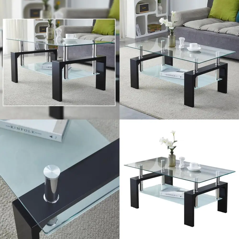 

Прямоугольный стеклянный журнальный столик в классическом стиле, простая сборка, 39,5x23,5x17,5 дюймов, черный